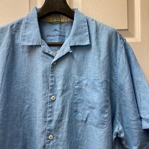 Tommy Bahama Men's Size XLarge Blue Linen‎ S/S Shirt Relaxed Embroidered Logo